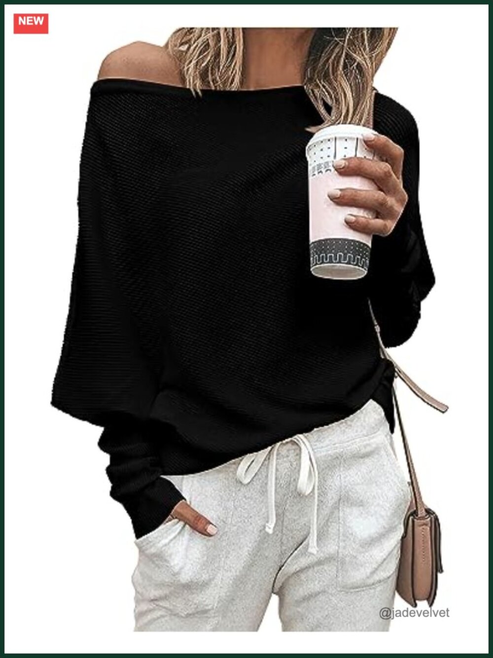 Off Shoulder Batwing Knit Pullover Sweater Long Sleeve Loose Fit Fall Top